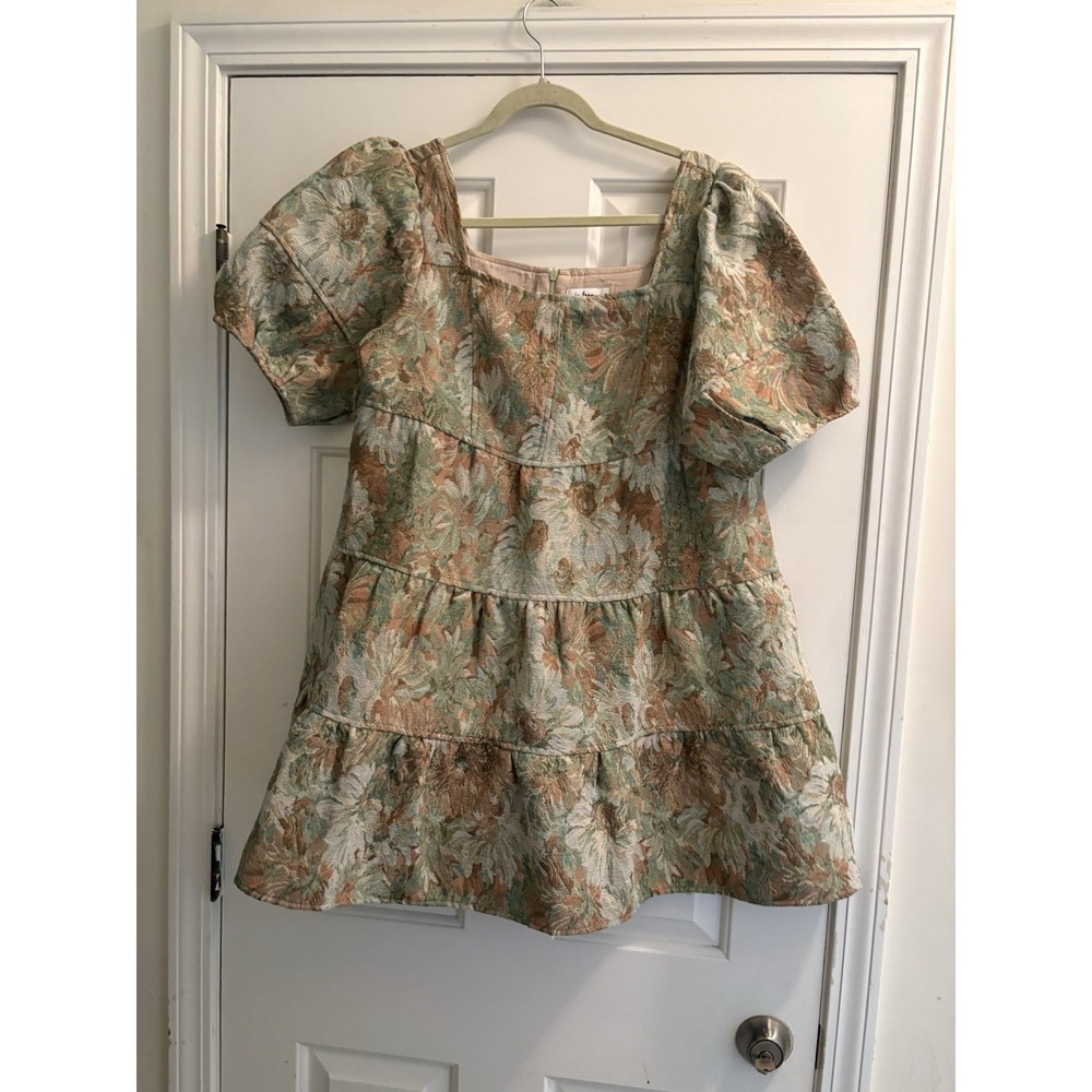 In Loom Tiered Mini Dress Size Medium Floral Tapestry Jacquard Lined Puff Sleeve